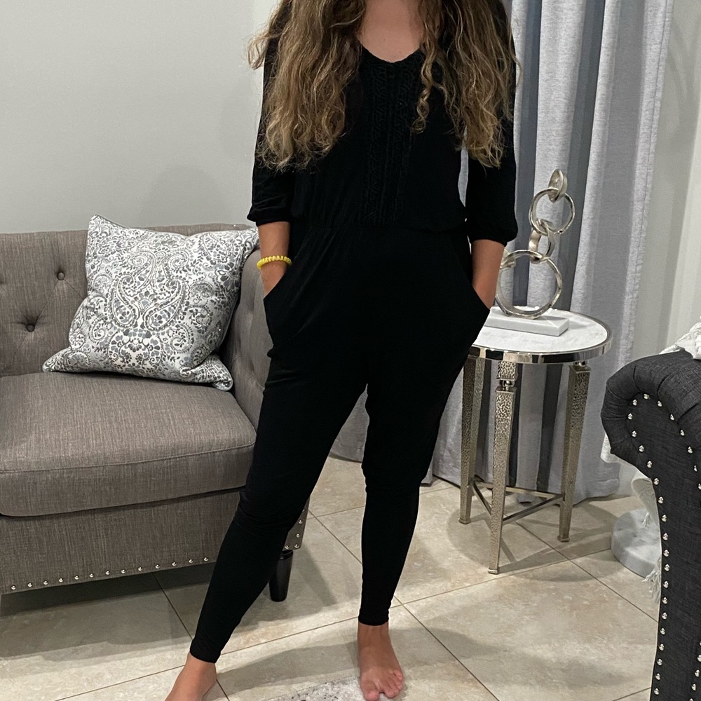 American Rag Black Long Sleeve Jumpsuit with lace front detail